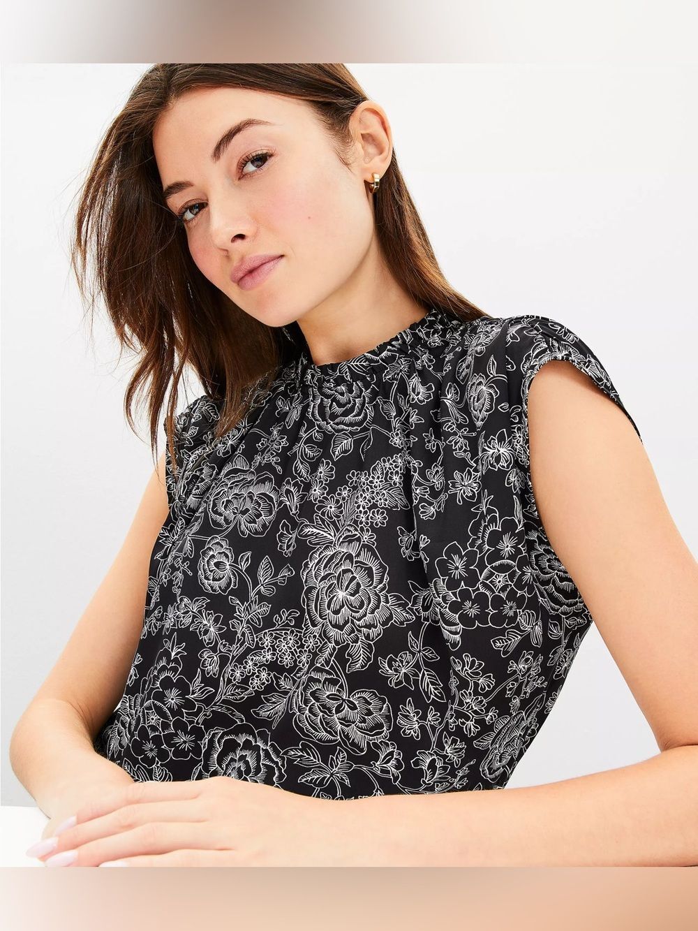 LOFT Petite Etched Floral Ruffle Neck Bubble Hem Black White Cap-Sleeve Blouse - Picture 2 of 8